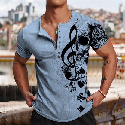 Music Symbol 3D Digital Printed V-neck Short Sleeve Button Placket Street