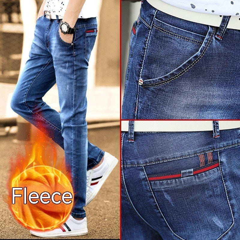 Autumn And Winter Men's Jeans Casual Fleece-lined Thickened Elastic Youth Slim Fit  Feet Pants