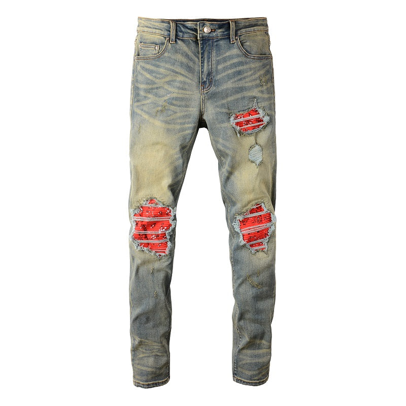 Red Printed Pleated Elastic Light Colored Jeans For Men