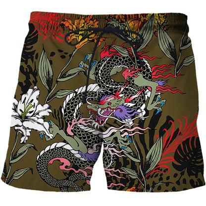 Chinese Style Shorts Dragon And Phoenix Pattern 3D Printing Loose Fifth Pants Creative Breathable Casual Pants