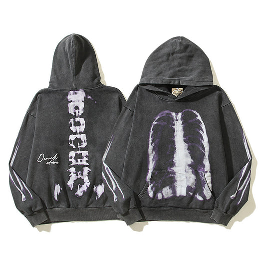 Washed-out Vintage Distressed Skull Bone Hooded Sweater