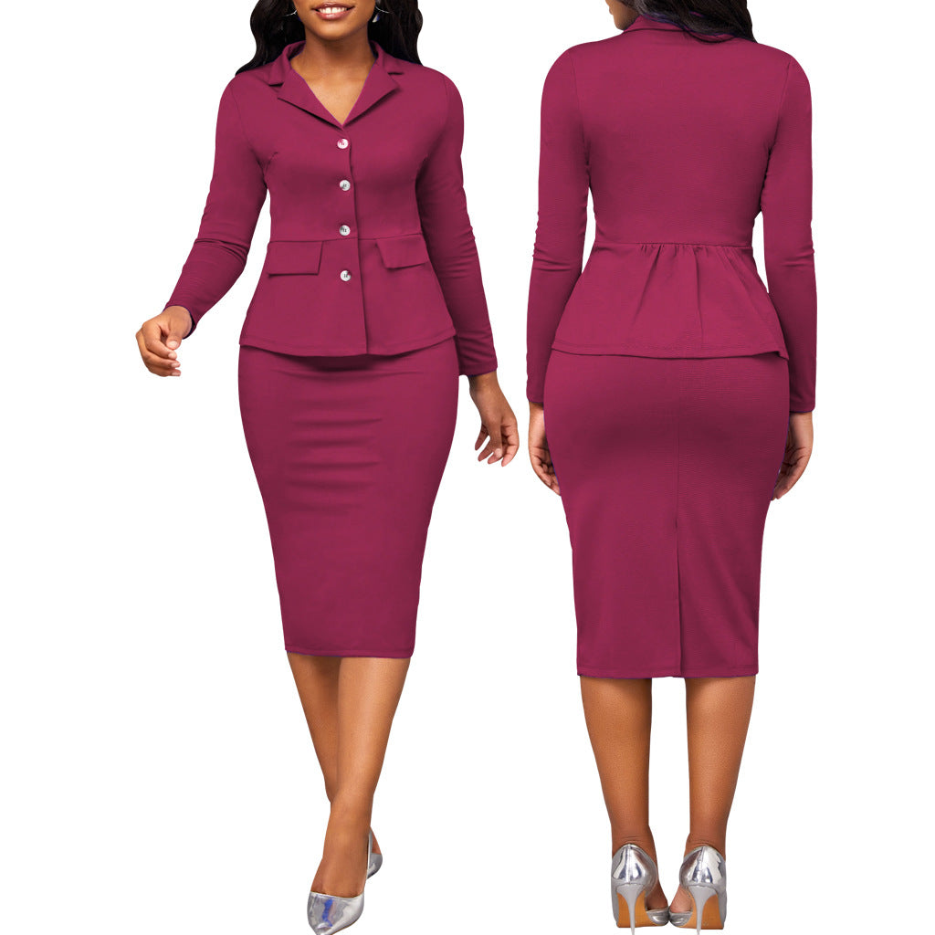 Fashion Solid Color Long-sleeved White Collar Women's Two-piece Suit