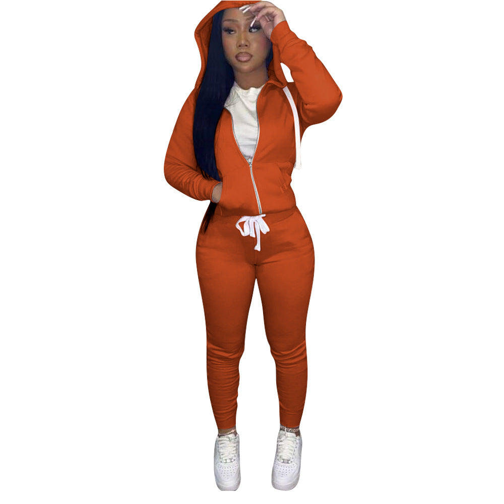 Women's Solid Color Slim-fit Hood Sweatshirt Drawstring Two-piece Set