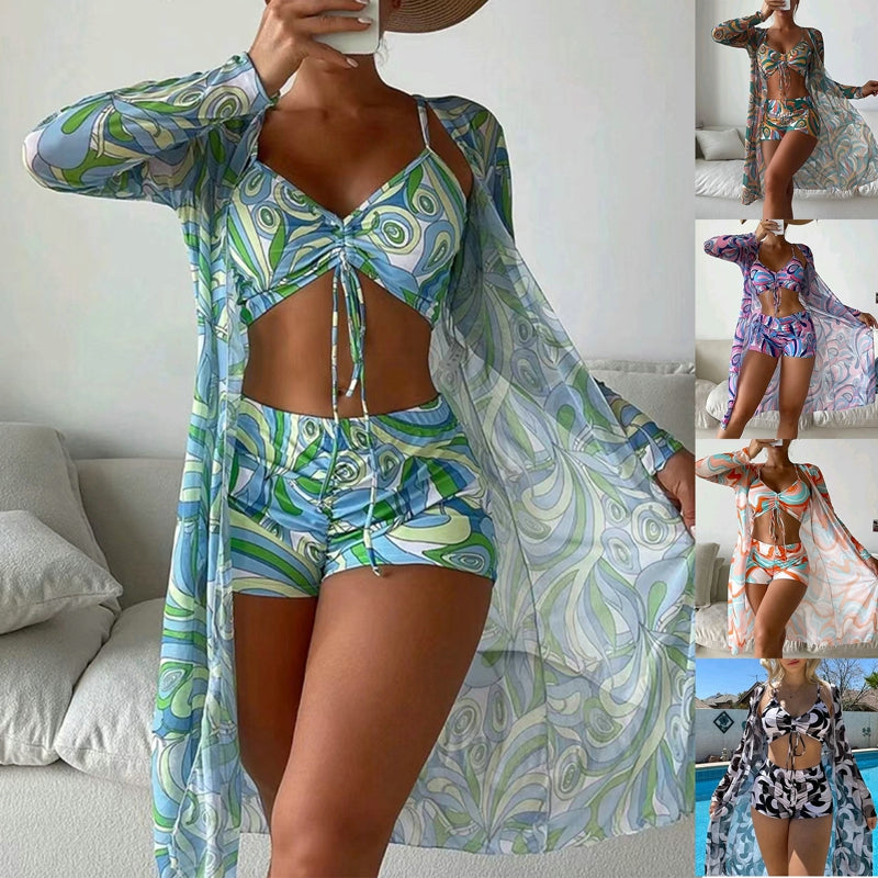 Swimsuit Female Split Three-piece Set High Waist Long Sleeve Smock Drawstring Suit