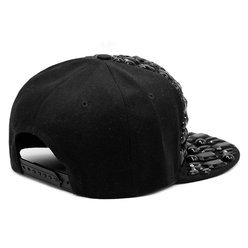 Adjustable Men's And Women's Flat Brim Full Black Diamond Rivet Baseball Hat