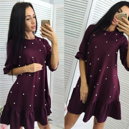 Stylish Autumn Style Women Casual Sleeve Half O-neck Beaded Ruffle Dress Chasuble Autumn Mini Dresses Straight Plus Size