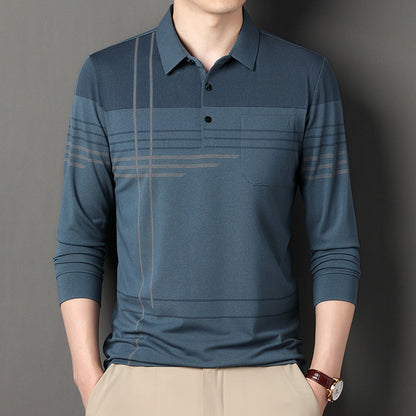 Men's Lapel Long Sleeve Middle-aged Polo Shirt Striped Casual Real Pocket Men's Shirt Trendy