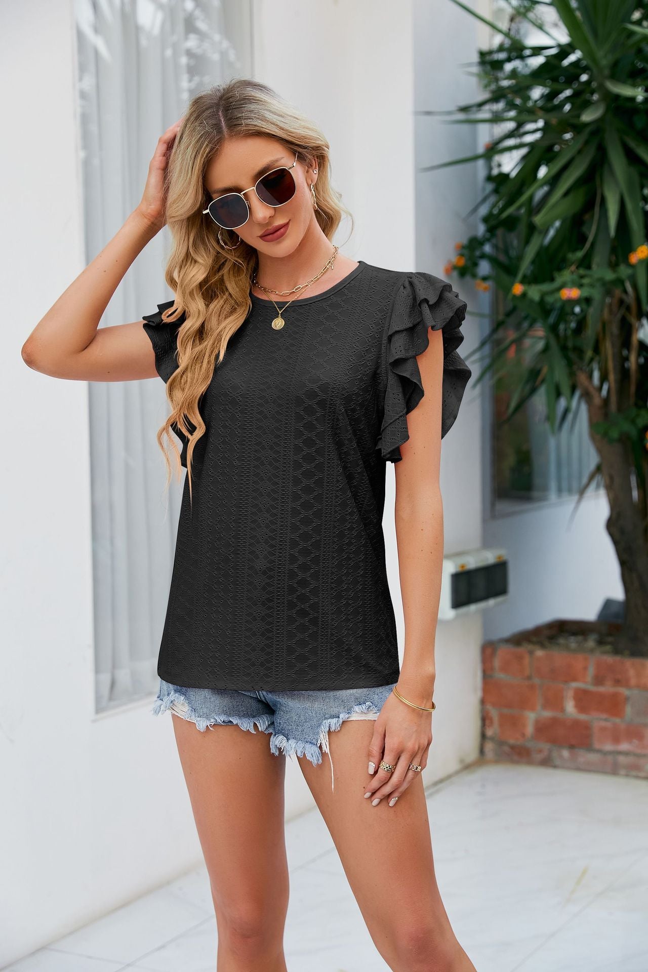 Round Neck Double Layer Ruffle Sleeve Hollow Short Sleeve