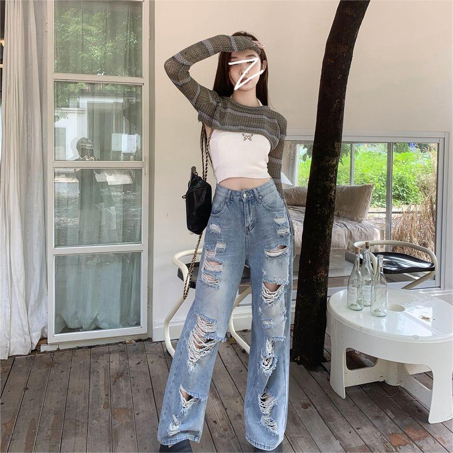 Women's High Street Straight Ripped Jeans