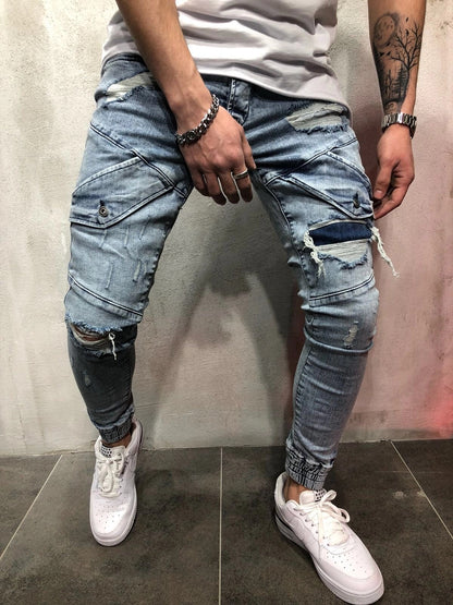 Cross-border foreign trade explosion models new men's slim jeans black hole men's denim beam blue feet pants