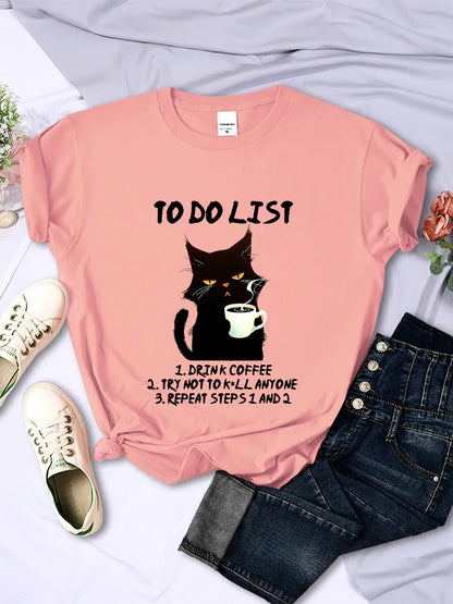 Black Cat To-do List Pattern T-shirt Funny Cat Coffee