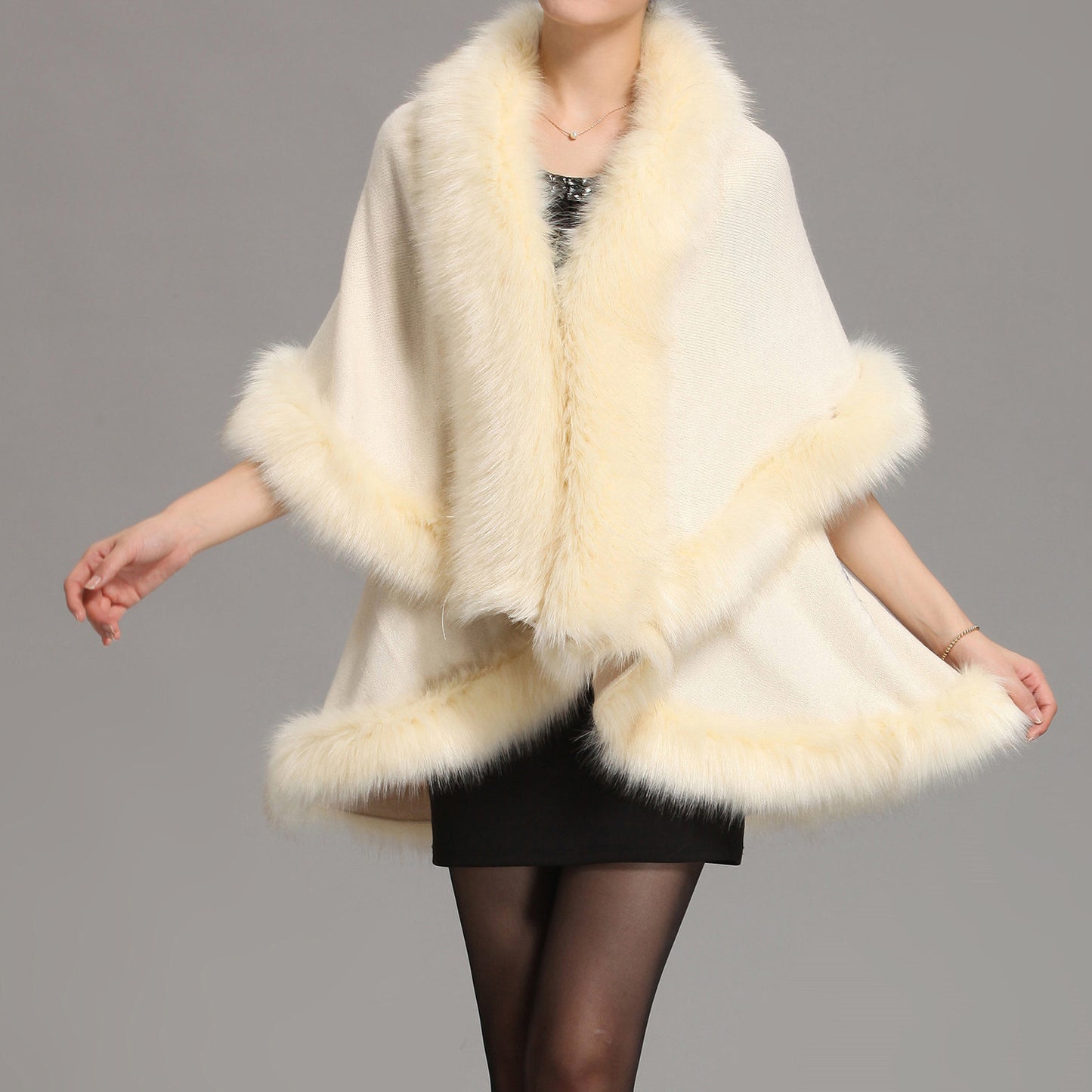 Fox Fur Big Fur Collar Knitted Cape Coat