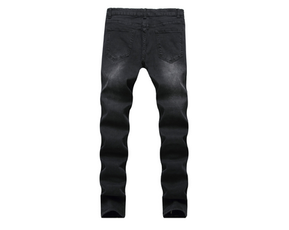 New jeans men's foreign trade motorcycle knee folds hole side zipper stretch feet men's pants