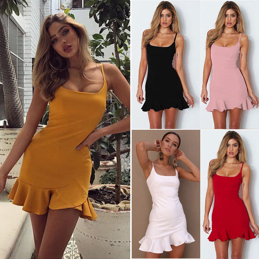 New Ruffles Trumpet Dress Women Sleeveless Spaghetti Strap Slim Summer Dress Party Short Dresses Vestidos