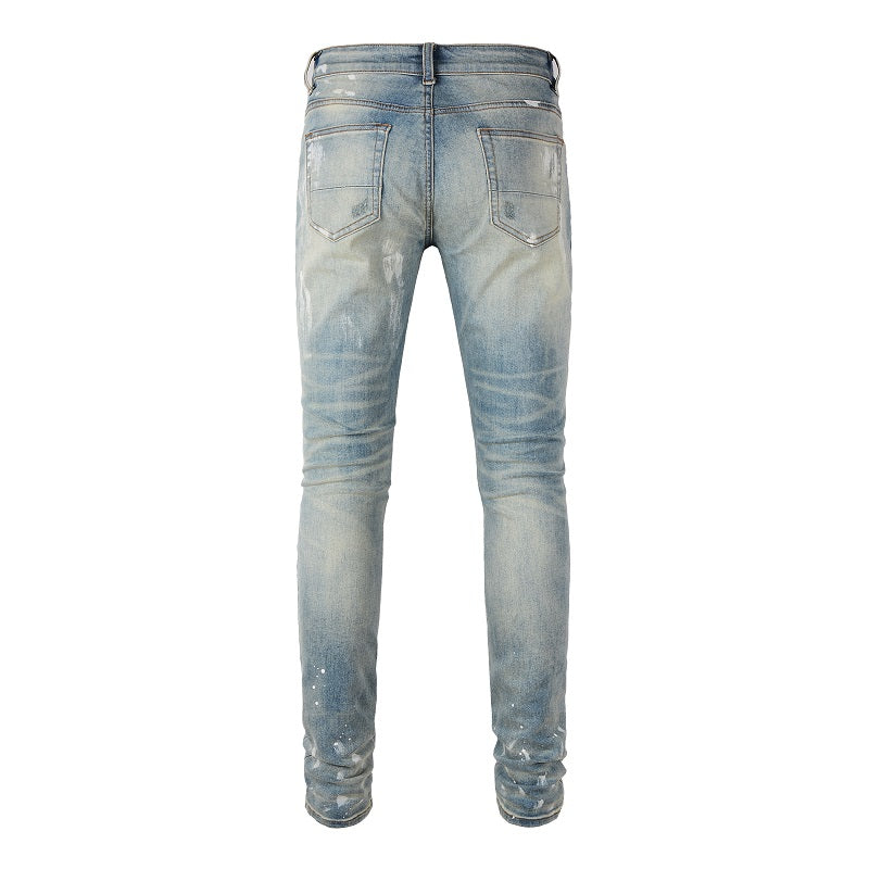 Men's Jeans Slim Slim Feet With Holes Pasted Cloth Casual Trouser