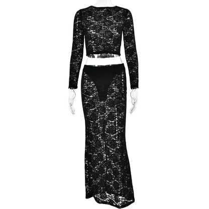 Temperament Pure Color Lace Jacquard Round Neck Two-piece Suit