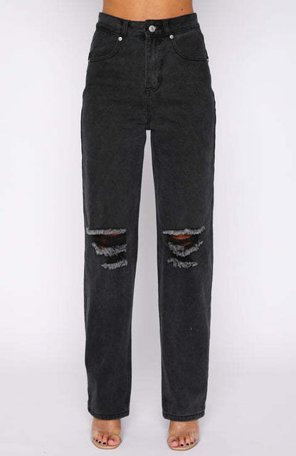 Street Hipster Ripped Washed Denim Straight Women's Trousers