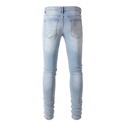 Leather Patched Holes, Elastic Slim Fitting Jeans For Men