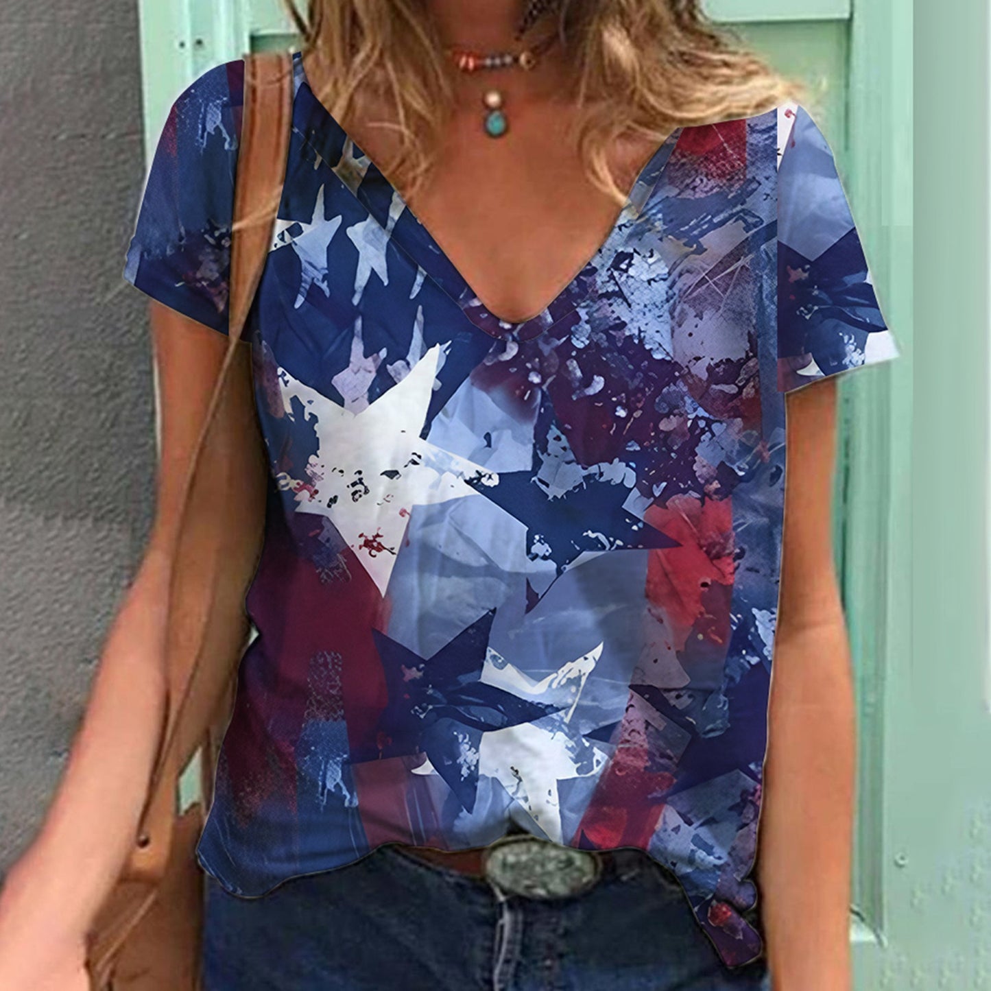 Printed V-neck Women's Short Sleeve Summer