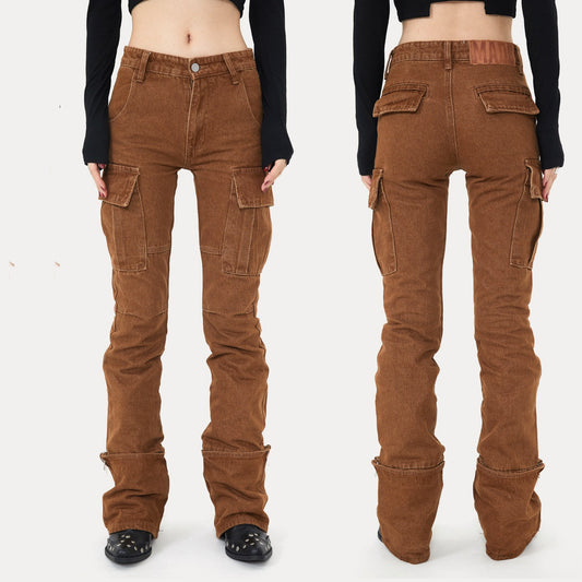 The Ins Wind Casual Niche Brown Micro-labelled Denim Pants Female