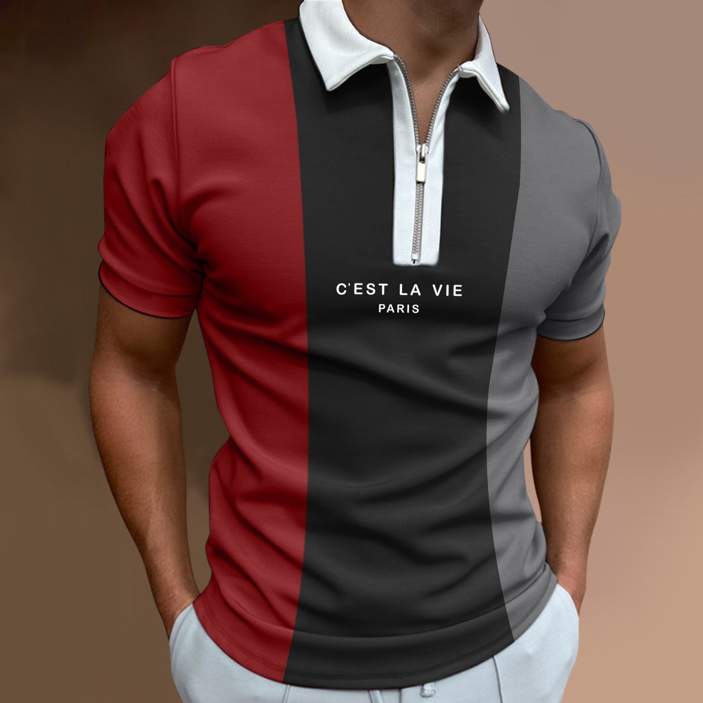 Men's Summer Polo Zipper Color Matching Sports Polo Shirt