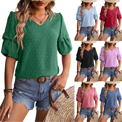 V-neck Chiffon Top Double-layer Puff Sleeve Shirt