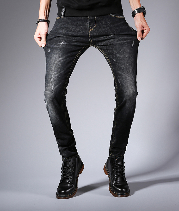 Fall New Jeans Men's Korean Edition Fashion Slim Bottom Pants Young Students Elastic Black Pants