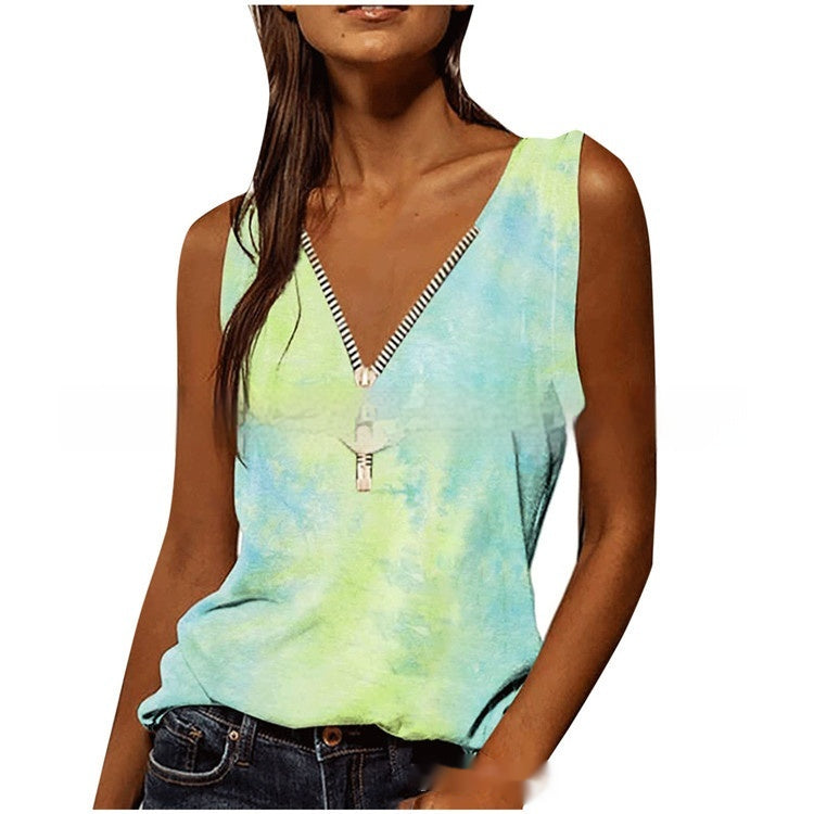 Women's V-neck Zipper Pullover Print Vest