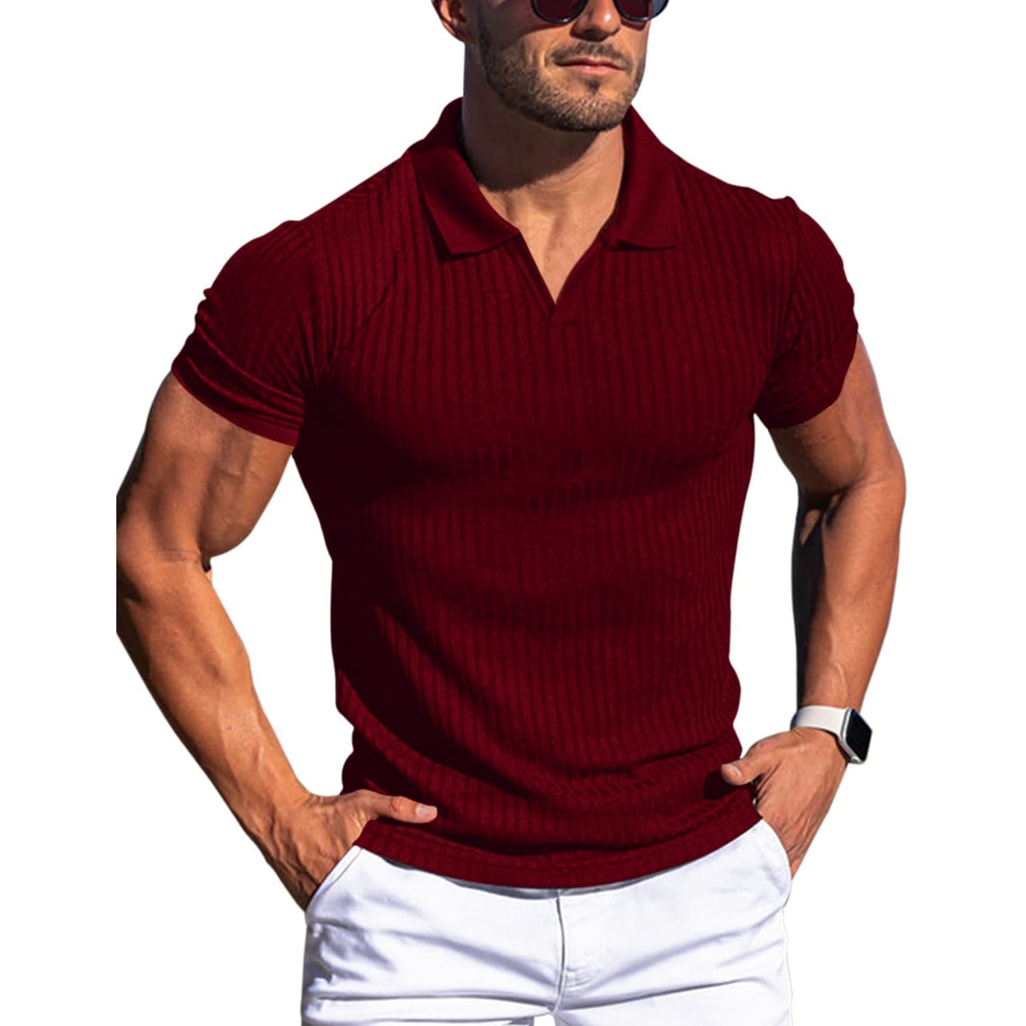 Polo Shirt Lapel V-neck Vertical Striped Short Sleeve Men's T-shirt