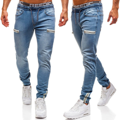 European And American Men's Denim Fabric Casual Frosted Zipper Design Sports Jeans Men