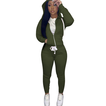 Women's Solid Color Slim-fit Hood Sweatshirt Drawstring Two-piece Set