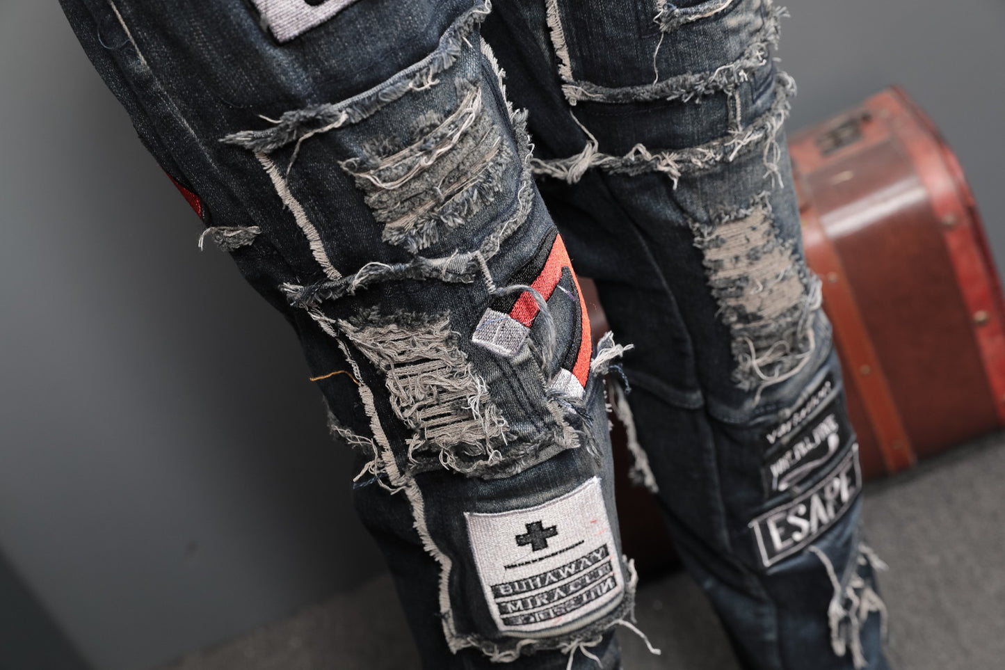 Men's Shredded Patch Embroidered Badge Jeans