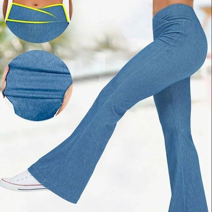 Solid Color High Waist Cross Stretch Denim Casual Sports Bell-bottom Pants