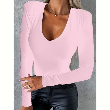 Women's Long-sleeved V-neck Tight Bottoming Casual Simple T-shirt Top