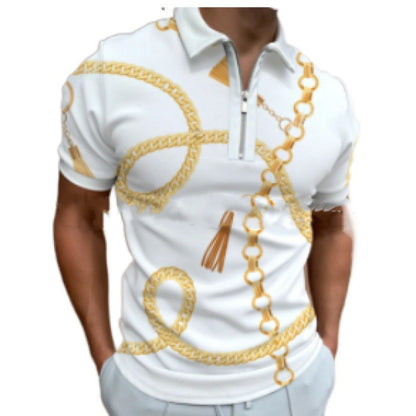 Chain Print Polo Shirt Casual Short-sleeved Men's T-shirt Top