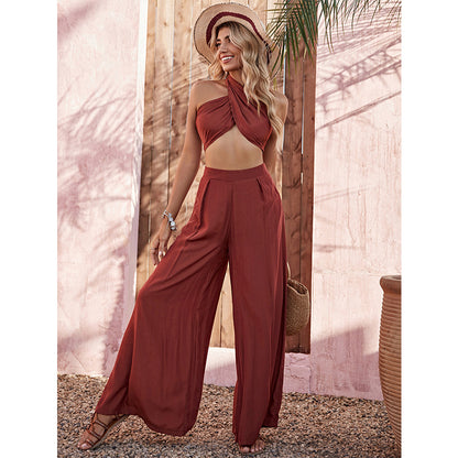 Halter Tank-top High Waist Wide Leg Pants Two-piece Set