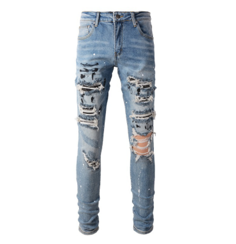 Splash Ink Graffiti Diamond Men's Jeans Ripped Holes Paint Stretch Slim Fit