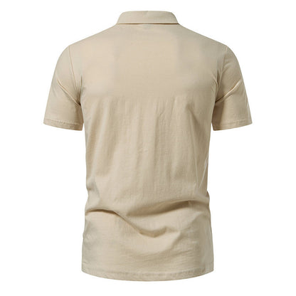 Solid Polo Neck Lace Up Casual Pocket Short Sleeve