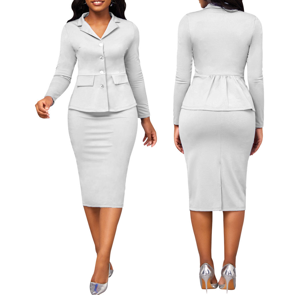 Fashion Solid Color Long-sleeved White Collar Women's Two-piece Suit