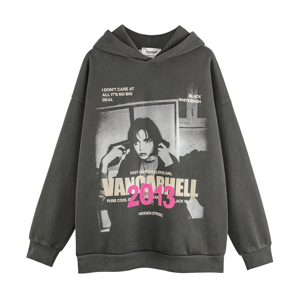 Dark High Street Character Printing Velvet Padded Hooded Sweatshirt