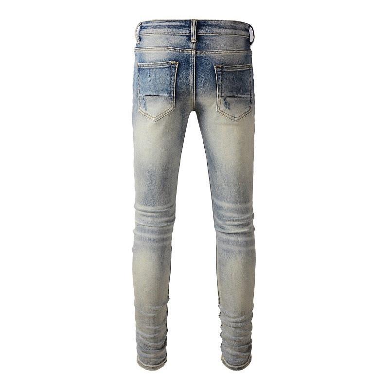 Iridescence Printed Patch Worn Baby Blue Jeans Male