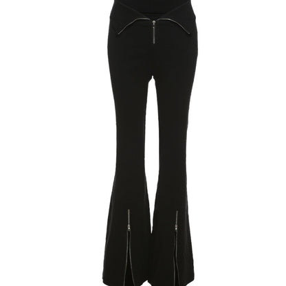 Niche Designer Black V-shaped Flanging Zipper Bootcut Trousers Slimming High Waist Slit Casual Trousers