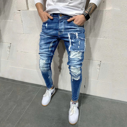 Men's Ripped Slim Fit Patch Jeans Fashion