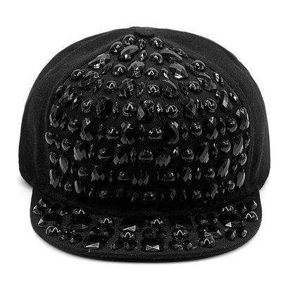 Adjustable Men's And Women's Flat Brim Full Black Diamond Rivet Baseball Hat