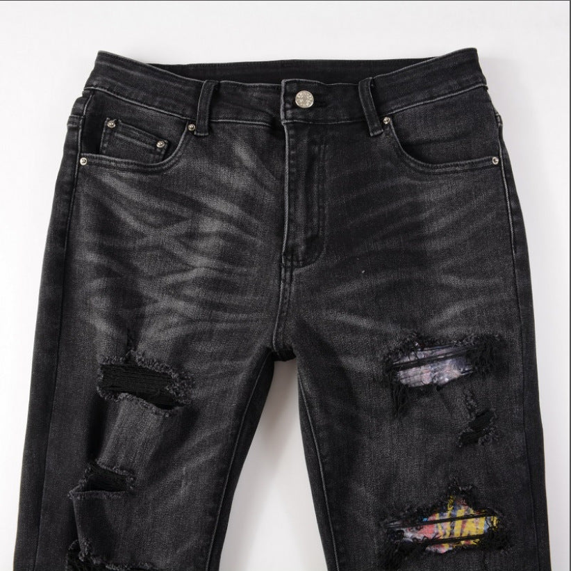 Knee Color Patch Torn Jeans Male