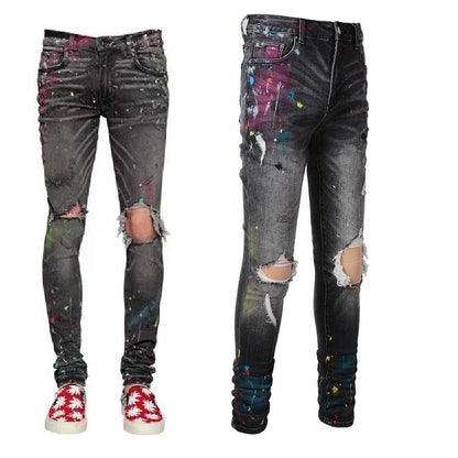 Vintage Distressed Paint Splashed Ink Stretch Gray Jeans For Men