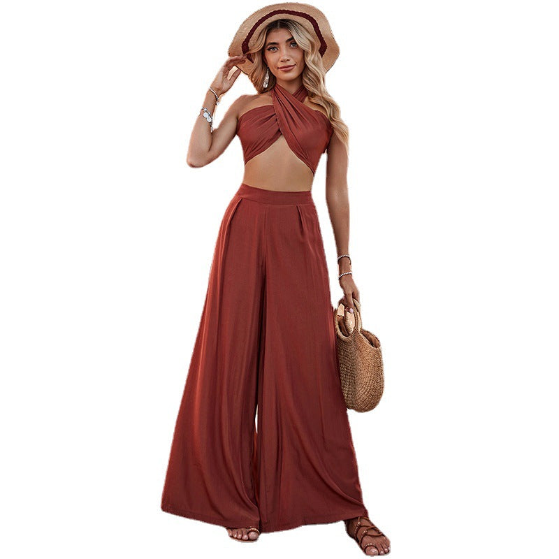 Halter Tank-top High Waist Wide Leg Pants Two-piece Set