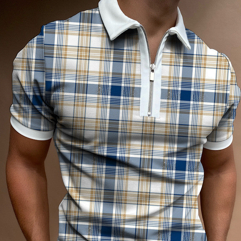 European And American POLO Zipper Checkered Men's T-shirt