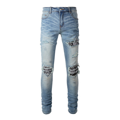 New Men's Slim Cut Cashew Flower Casual Versatile Jeans