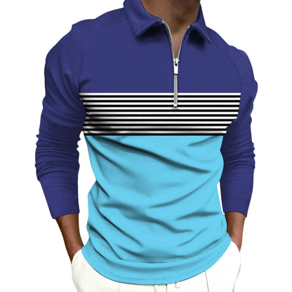 Striped Black Raglan Polo Shirt Printed Simple Zipper Lapel Long Sleeve T-shirt Men